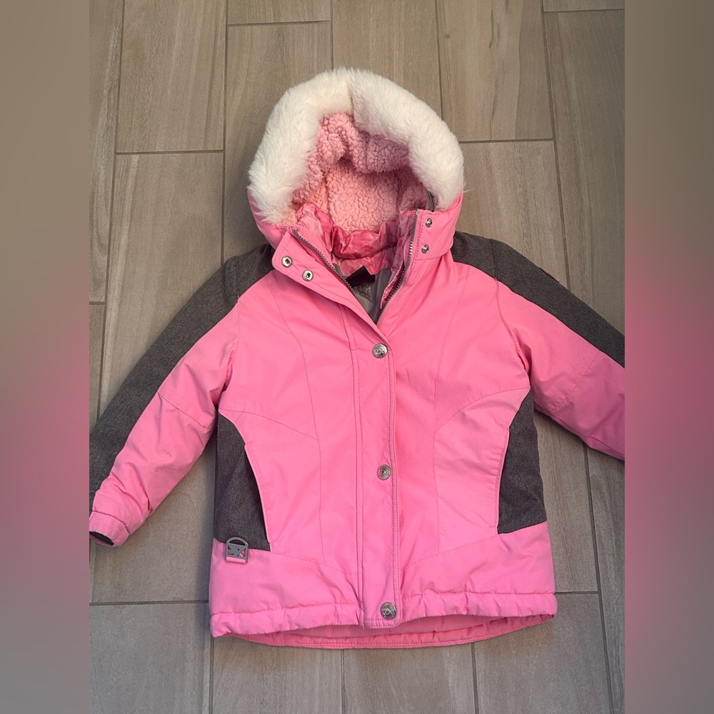 ZeroXposur Pink and Gray Puffer Jacket with Faux Fur Hood girls size 6